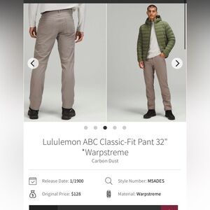 195-$50 +FREE SHIPPING* Lululemon ABC Classic-Fit Pant size 40 x 31